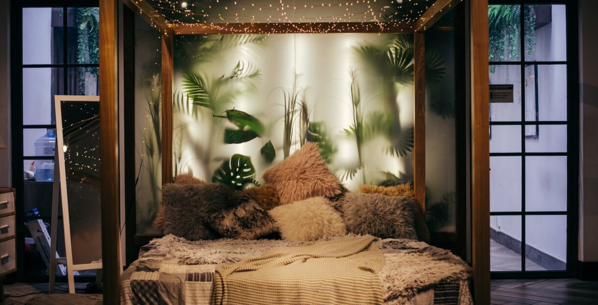 string lights hanged on bed frame